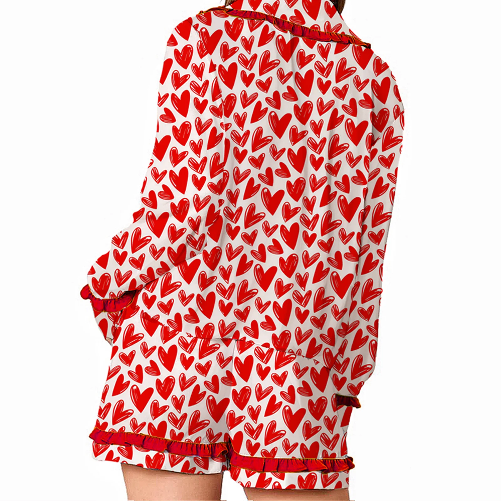 Women Pajamas Set Heart/Bow Print Tie Front Long Sleeves Tops and Elastic Shorts for Loungewear Soft Sleepwear