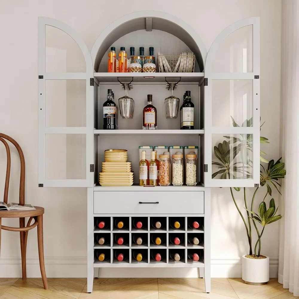 

71" Tall Wine Bar Cabinet, Arched Storage Cabinets with Door, Whiskey Station with Wine Rack and Glass Holder,Liquor Bar Cabinet