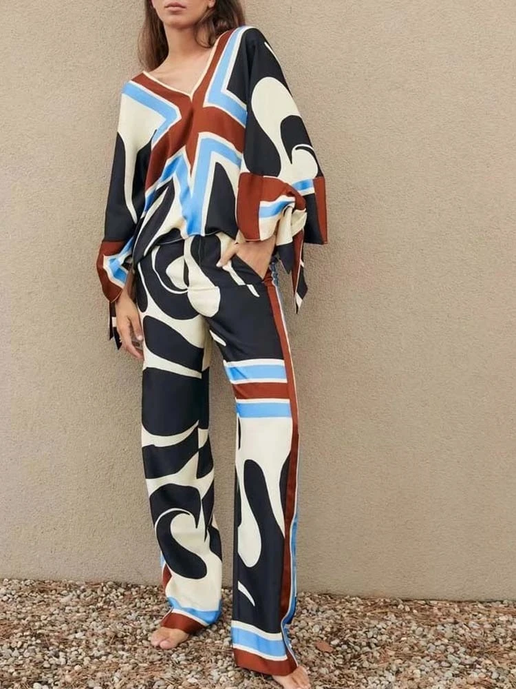 2024 Summer Women Pajamas Print 2 pieces Sets Suits Fashion Loose Blouses Tops and Trousers Female Elegant Home Suit