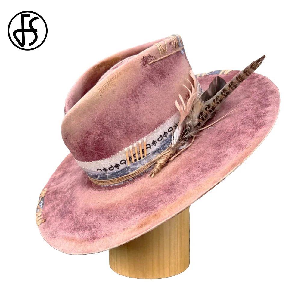 FS Vintage Wine Red Cowboy Hats For Men Women With Ribbon Feather Decoration Jazz Panama Hat Gentleman Wool Felt Fedoras