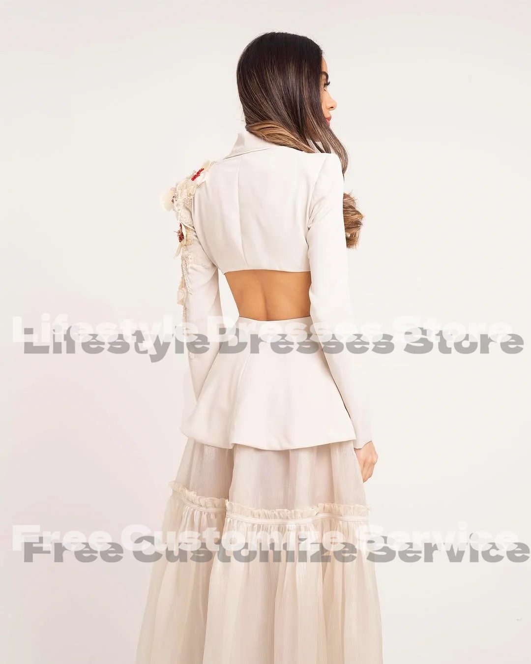 Customized Elegant Luxury Evening Dress Flowers Beaded Long Sleeve A-Line Shiny White Party Dress For Formal Occasion Prom Dress image 5
