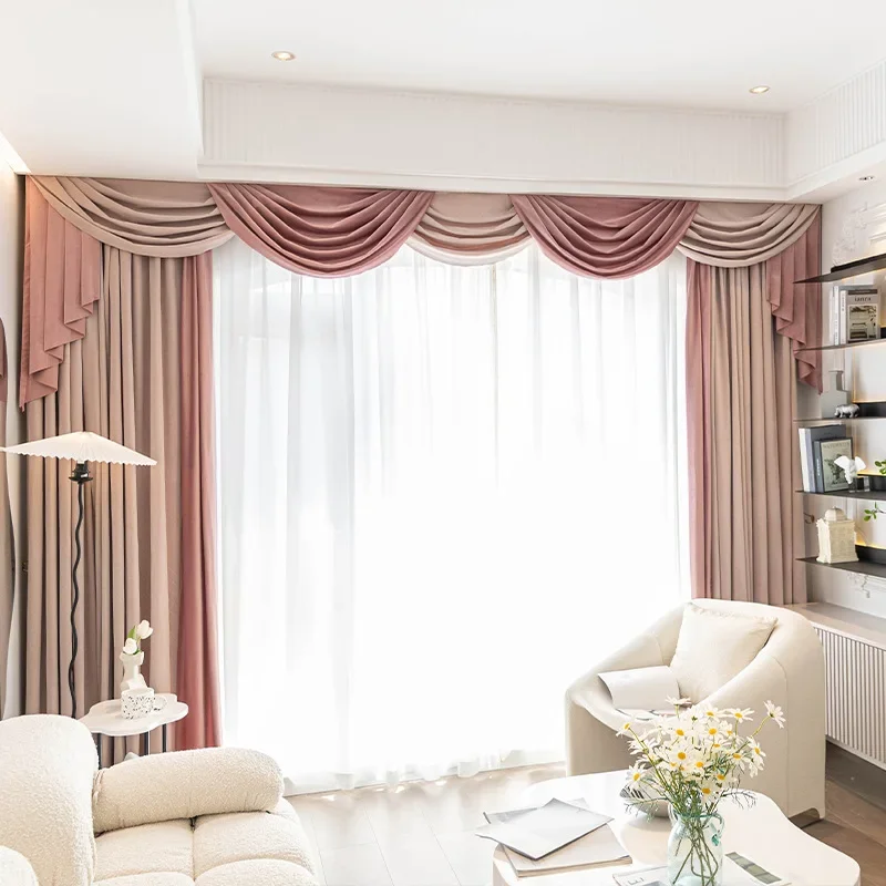 

French Curtains for Living Room Luxury Velvet Cortina with Pearl Lace Stitching Bedroom Valance Head Drapes Custom