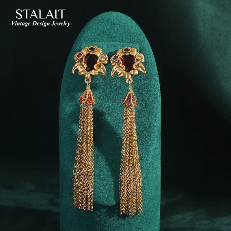 

Antique Jewelry Vintage Red Crystal Tassel Chain Dangle Women Big Earrings Big Long Gold Color Exaggerated Personality Fashion