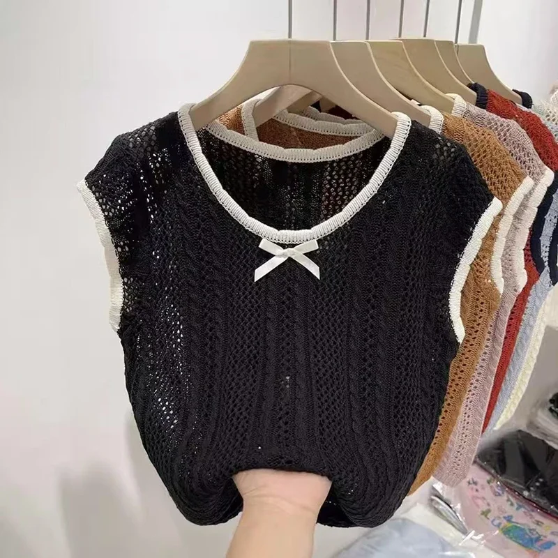 Women Bow Front Pointelle Knit Top Short Sleeve Sweater Tops with Ribbon Ruffled Hem Pullover Teengirl Summer Barbiecore Outfit