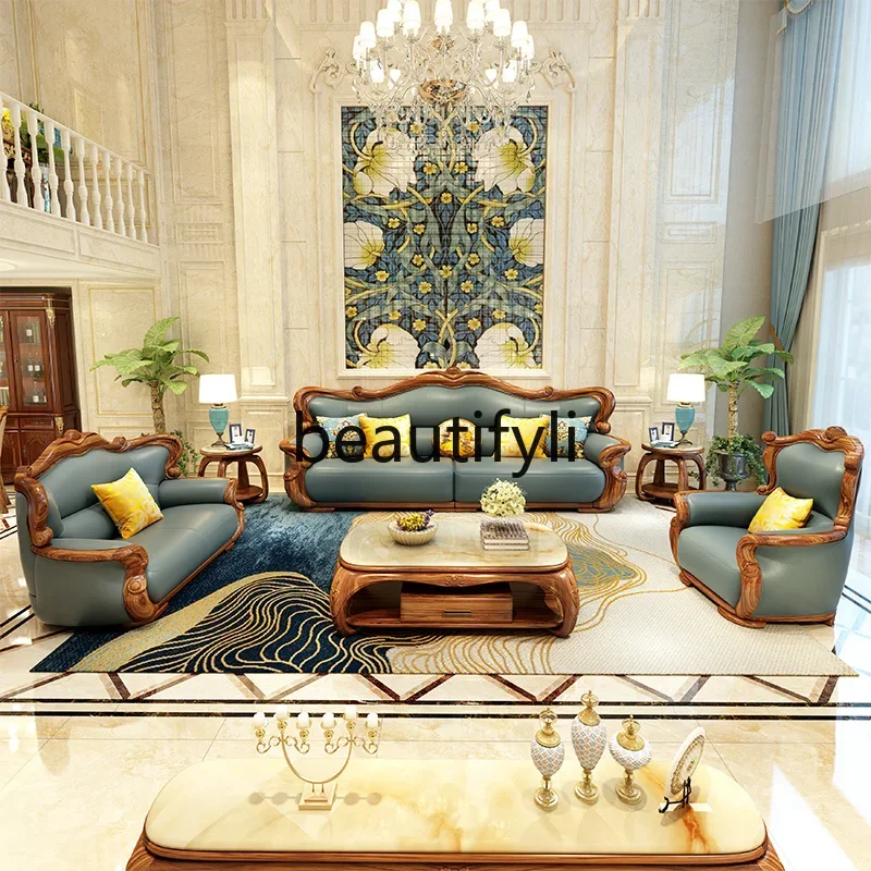 A71 New Chinese ebony leather sofa European villa living room large ebony sofa combination