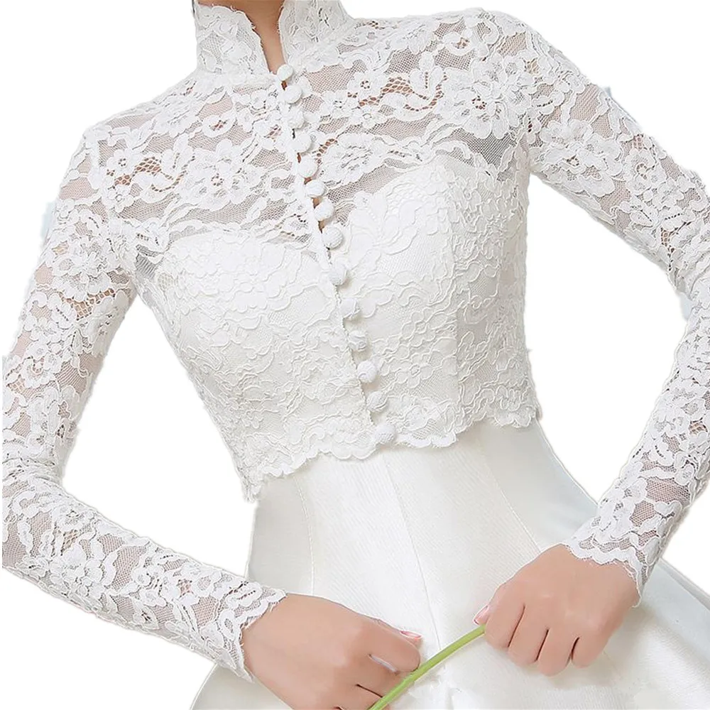 GOHYPDUG Wedding Bolero Long Sleeve Bridal Jackets Lace Top White Ivory Wraps Bride Jacket