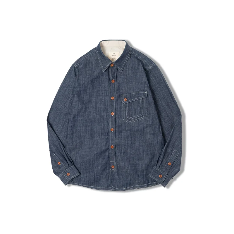 Maden Chemise en denim rétro, fine et à manches longues, avec col à revers et détails en couture. En coton, idéale pour les hommes au printemps et