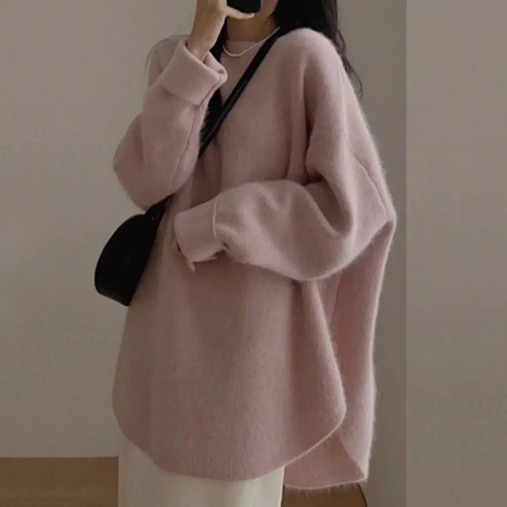 

Милый нерегулярный трикотаж с длинными рукавами, нижняя рубашка, свободный свитер, топ, пуловер, осенне-зимний вязаный топ для женщин и женщин