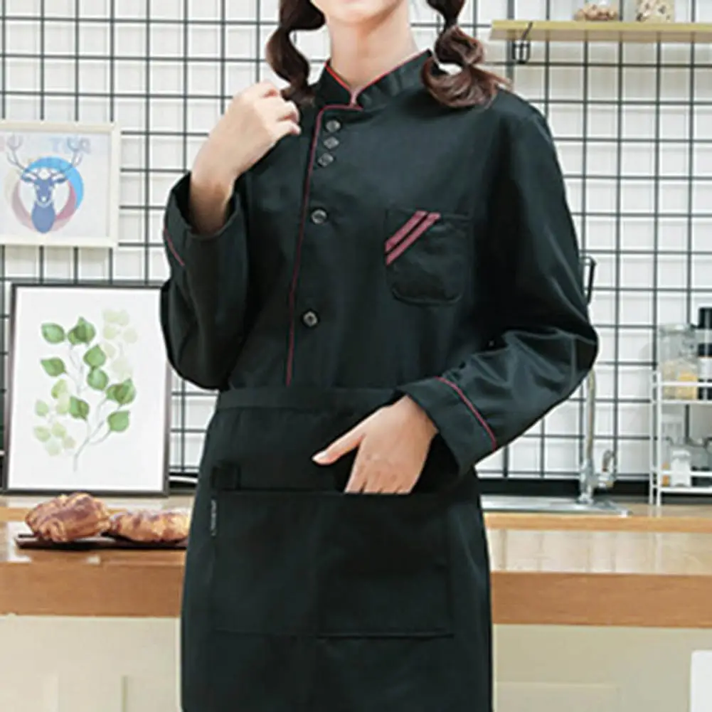 Chef Shirt Stand Collar Long Sleeves Patch Pocket Chef Uniform Stitching Striped Trim Chef Top Service Bakery Shirt Work Clothes