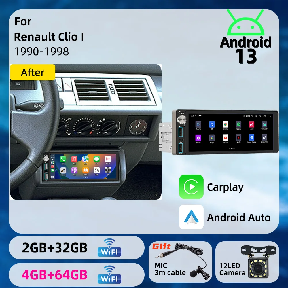 6.86 inch Android 1Din Car Screen Car Multimedia Autoradio Radio Head Unit Stereo for Renault Clio I 1990-1998 Carplay GPS