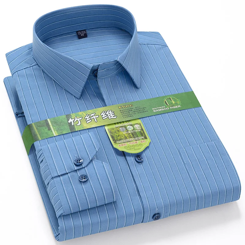Luxury Men's Bamboo Fiber Shirts Long Sleeve Spring Fall Casual Stripe Plaid Printed Social Business Anti-Wrinkle Plus 7XL 6XL