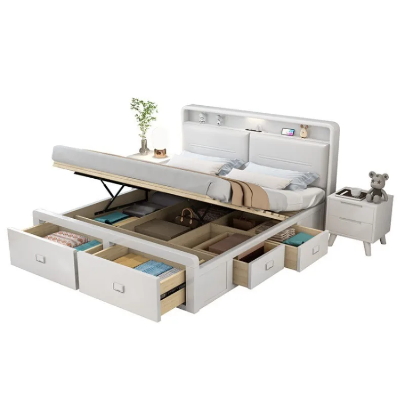 

bedside charging, solid wood bed, white modern simple master bedroom
