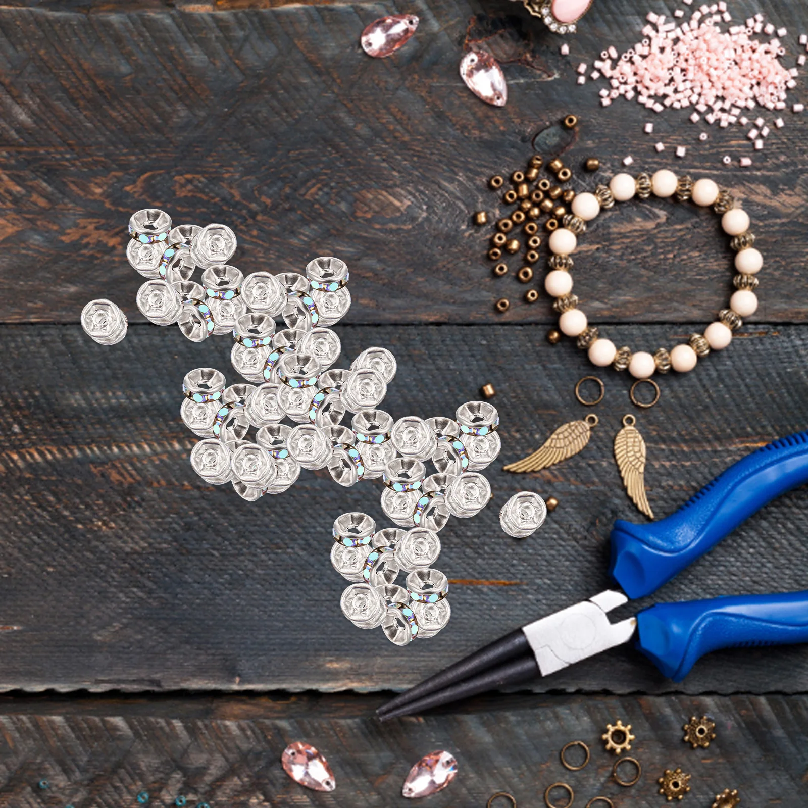 200pcs Alloy Spacer Beads Rhinestone Inlaid Craft Beads Diy Jewelry Making Bracelet Accessories Decorative Crafts Findings