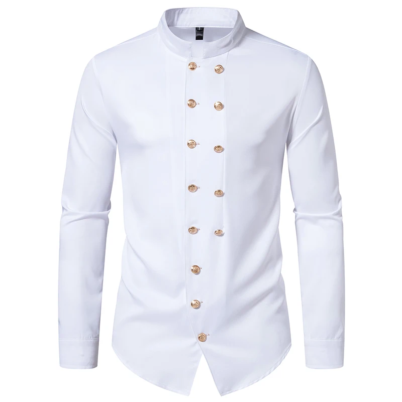 Men Long Sleeve Shirts Double Breasted Henry Collar Mens Dress Shirts Casual Male Clothes Chemise Hemd Homme Shirt S42