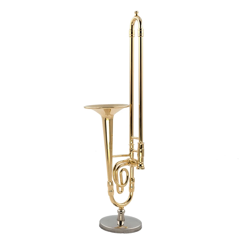 12cm Miniature Pure Copper Trombone Model with Support Mini Musical Instrument Model with Black Leather Box