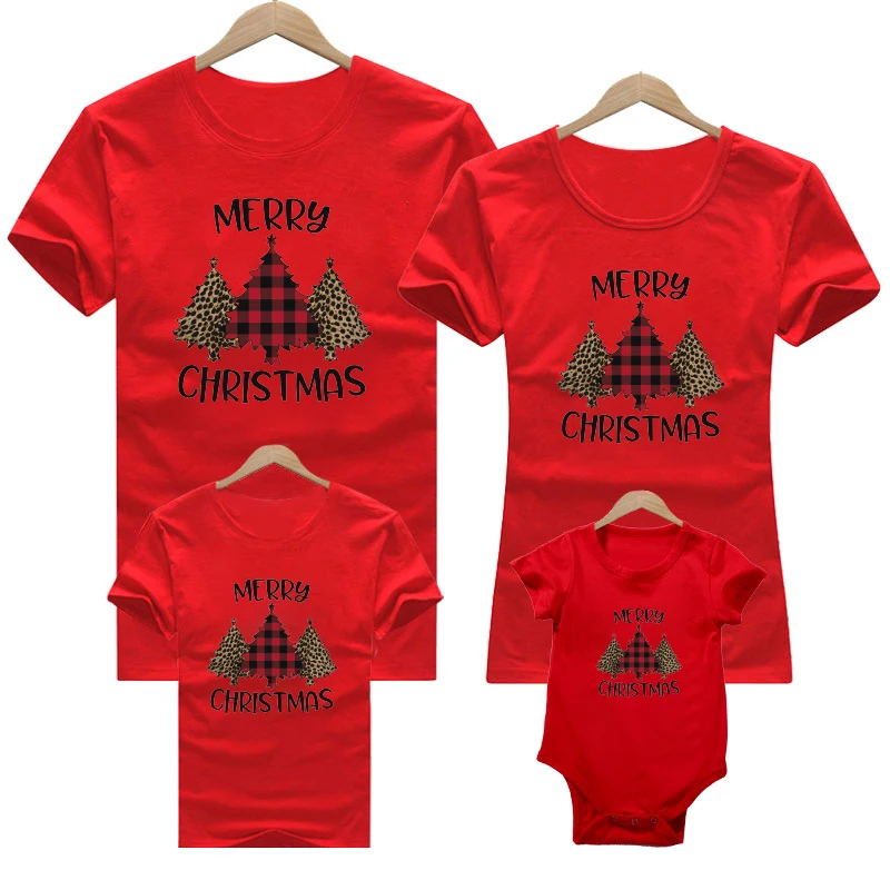 2023 Family Clothing Set Christmas Matching Clothes Mother Daughter Short Sleeve T-Shirts Red Christmas Santa Mother Kids Tops