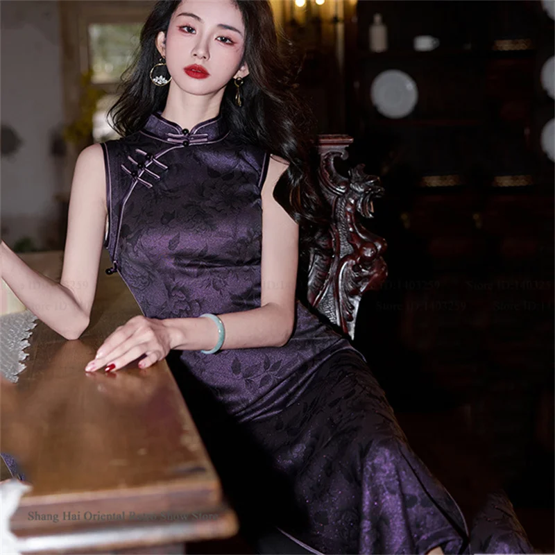 

Винтажное женское длинное платье-ципао с принтом, сексуальное китайское платье-ципао, традиционные китайские новогодние костюмы, одежда для сценических выступлений