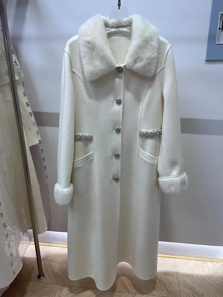 2025 Real Fur Coat Winter Jacket Women Natural Mink Fur Collar Cuffs Cashmere Wool Woolen Ladies Outerwear Streetwear