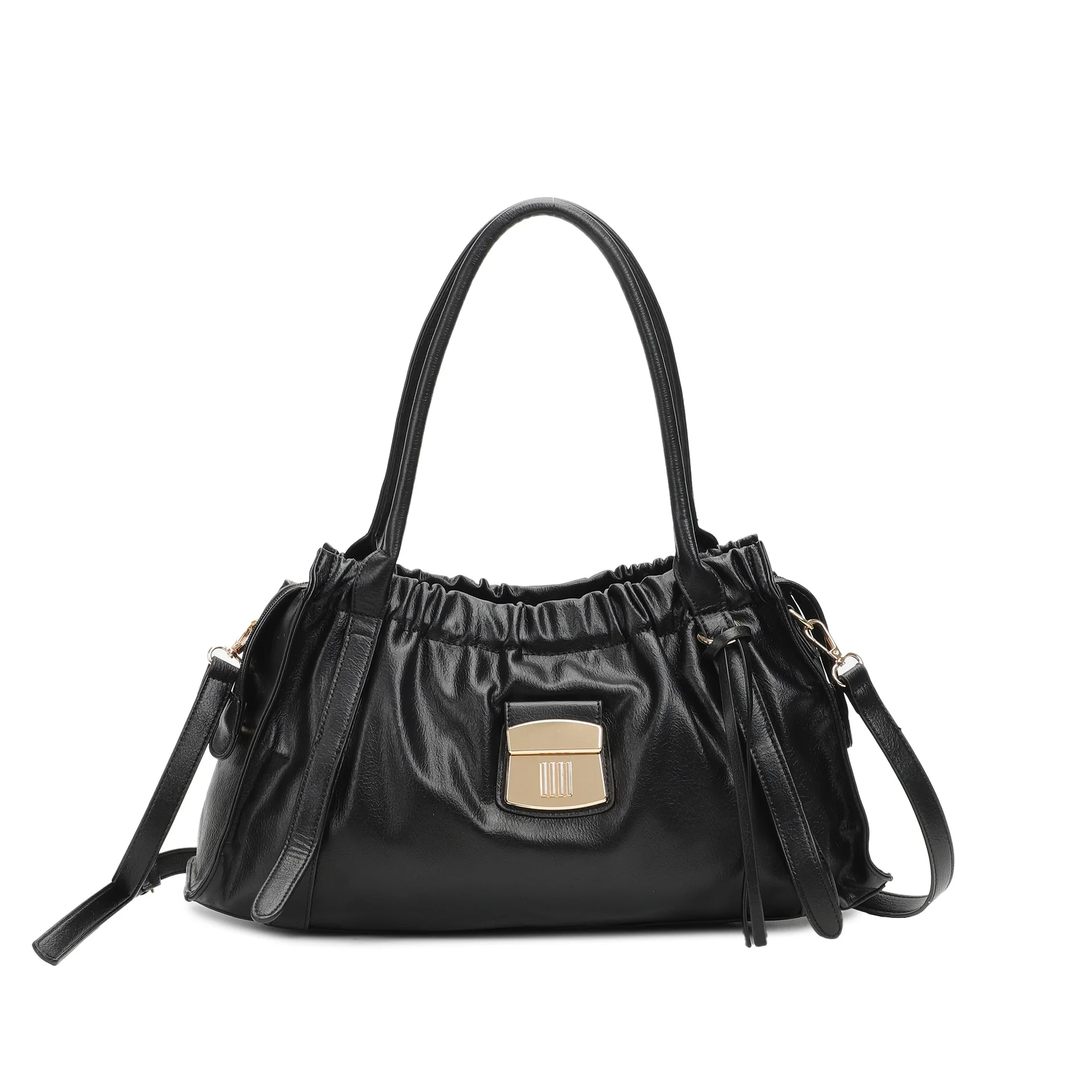 Ladies Large Capacity Ruched Top Handle Bag Elegant PU Leather Satchel Purse Detachable Strap, Trendy Shoulder Crossbody Handbag