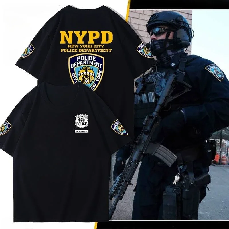 Nypd Badge Printed T-shirt Around New York City Black US Police Army Fans Tactical Clothing Men Dream Short Sleeves