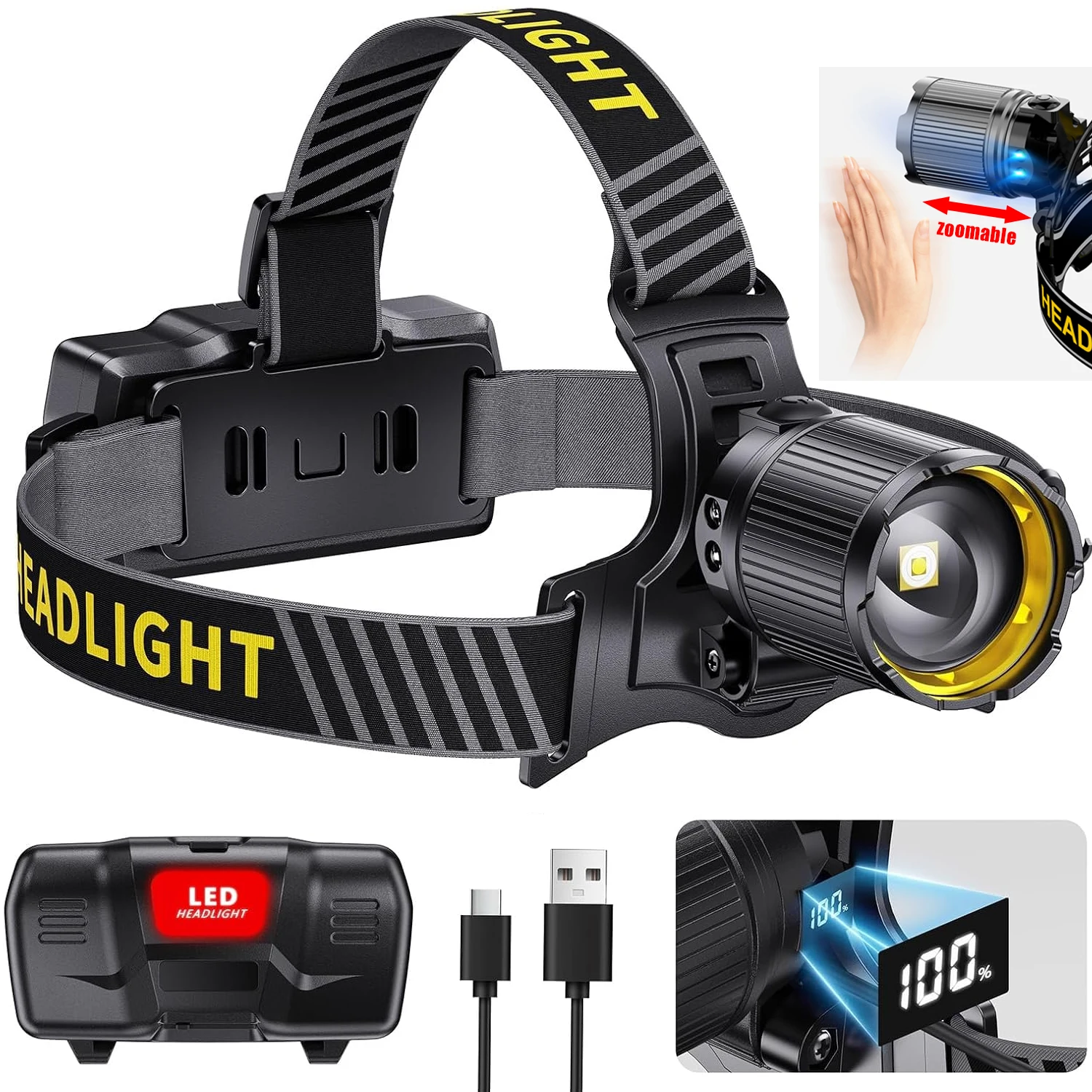 

200000LM Sensor LED Headlamp Zoomable Rechargeable Headlight Waterproof Camping Fishing Head Flashlight Output 18650 Head Torch