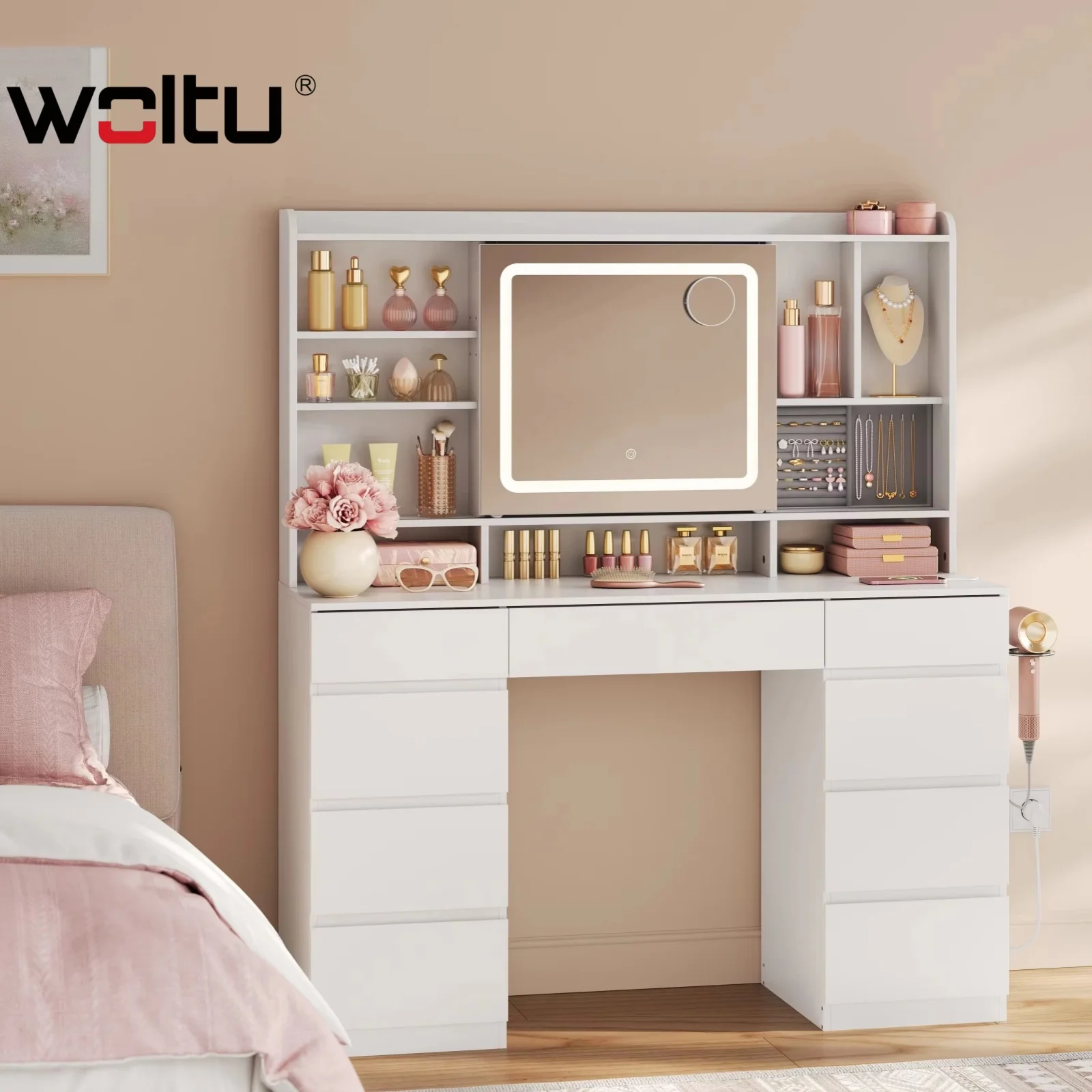 Table de coiffeuse blanche WOLTU à 9 tiroirs avec multiprise, coiffeuse moderne avec miroir LED réglable et plateau à bijoux, commodes pour chambre à coucher