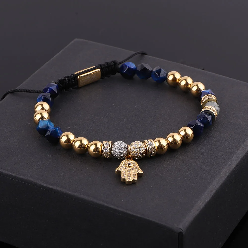 New Luxury Natural Stone CZ Pave Hand Charm Faceted Gemstone Beads Friendship Adjustable Bracelet For Women Jewelry Gift