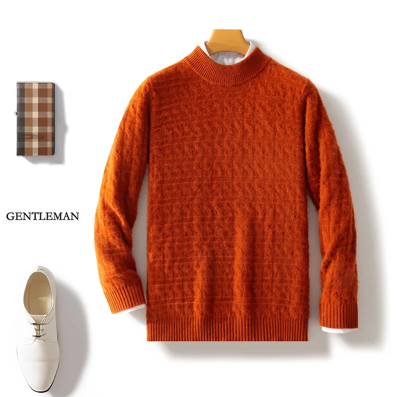 Winter Solid Color Round Neck Men's Wool Long Sleeve Pullover Sweater Business Casual Wool Padded Knit Bottoming Shirt