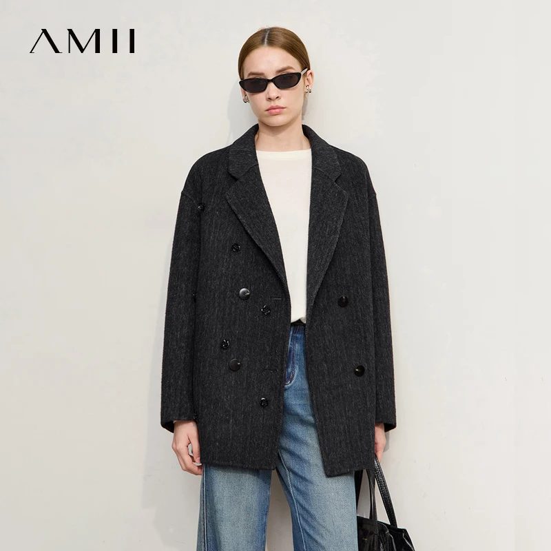 

Женская куртка-пальто Amii, новинка зимы 2025, современное двустороннее шерстяное пальто с отложным воротником, женские элегантные универсальные топы 12544151