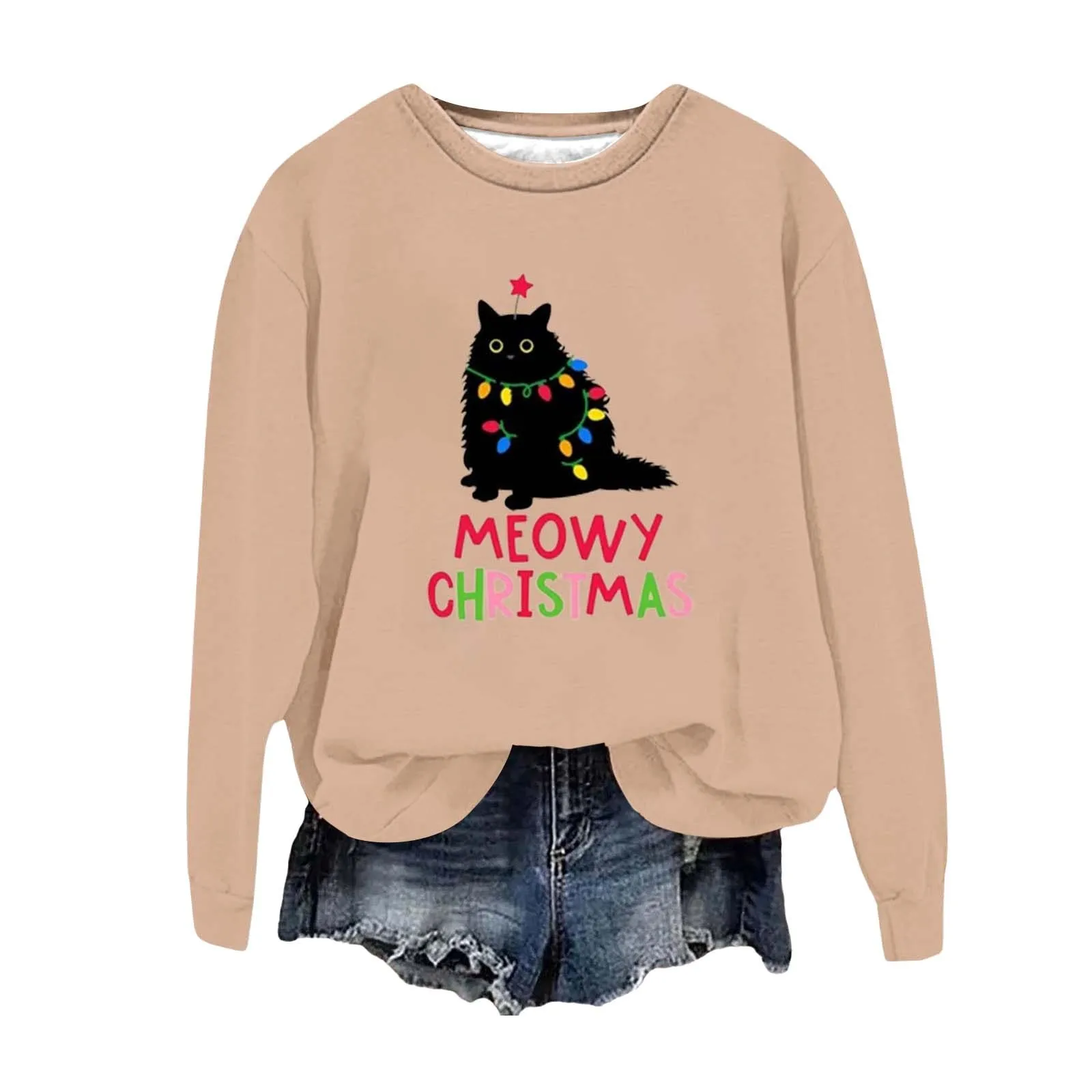 Fat Cat Print Christmas Women\'S Sweatshirts Meowy Cute Pattern Hoodie Winter Warm Comfortable Cotton Ladies Causal Xmas Clothing