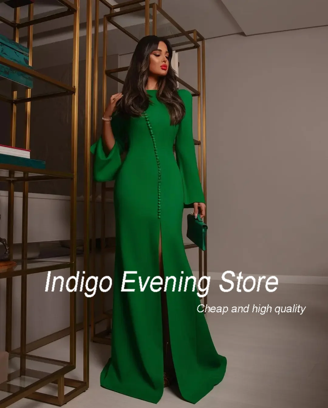 Indigo Saudi Arabia Evening Dresses O Neck Long Sleeves High Side Slit Women Elegant Formal Party Business Dress فساتين السهرة