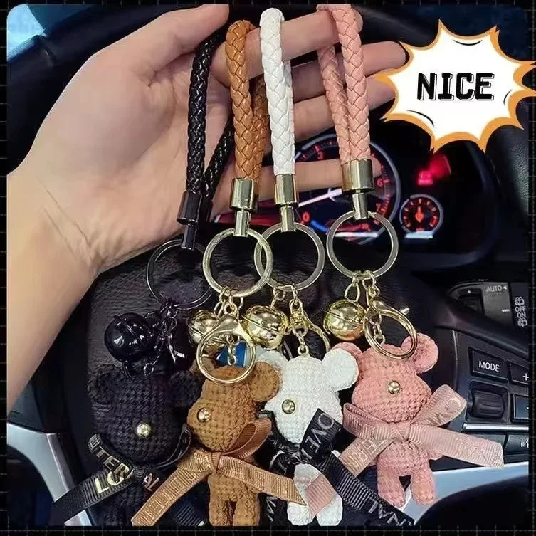 

Cute Knitted Bear Keychain 3D Doll Backpack Pendant Female Cartoon Bear Car Keychain Hanging Gift