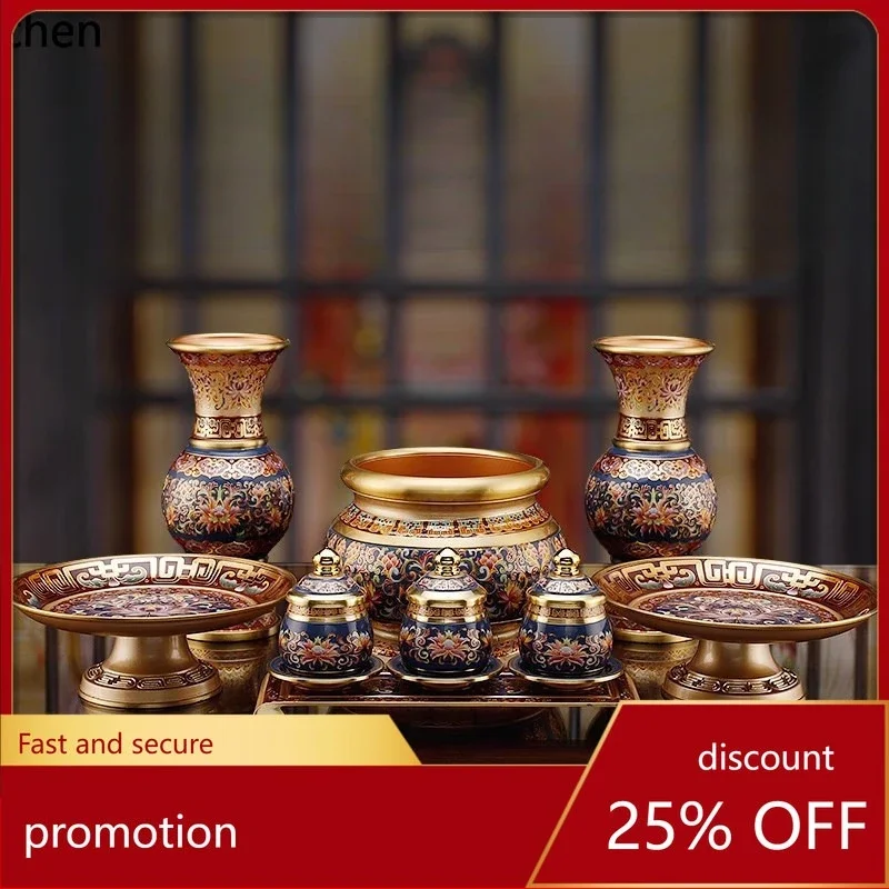 complete collection of offering supplies for home use: vases, water cups  incense burners, and ever-burning offerings