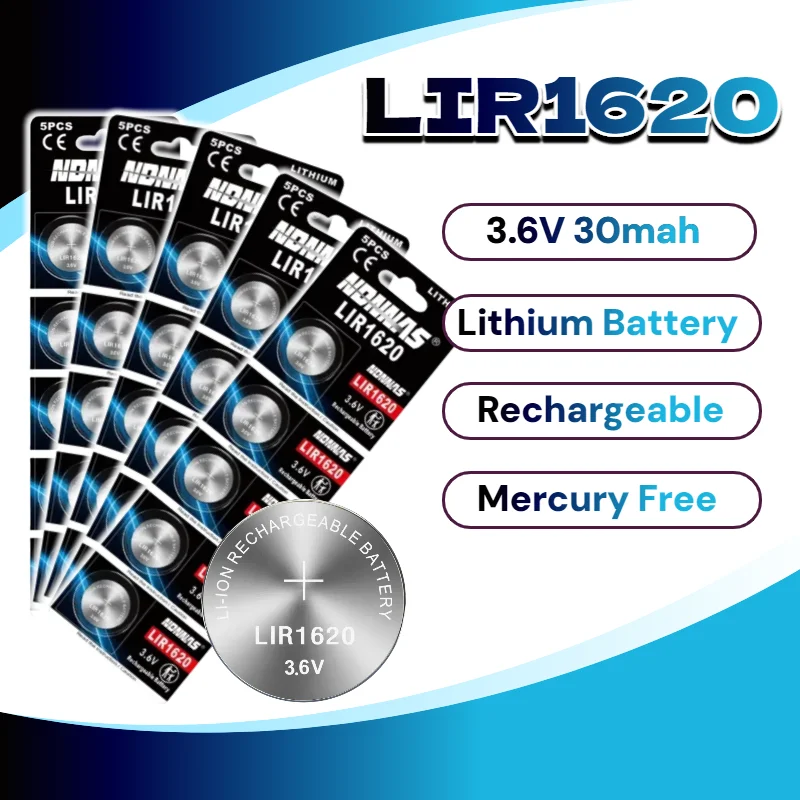 

LIR1620 3.6V 30mAh Rechargeable Button Lithium Battery Cell - USB Charger Charging Cable Included - Equivalent to CR1620