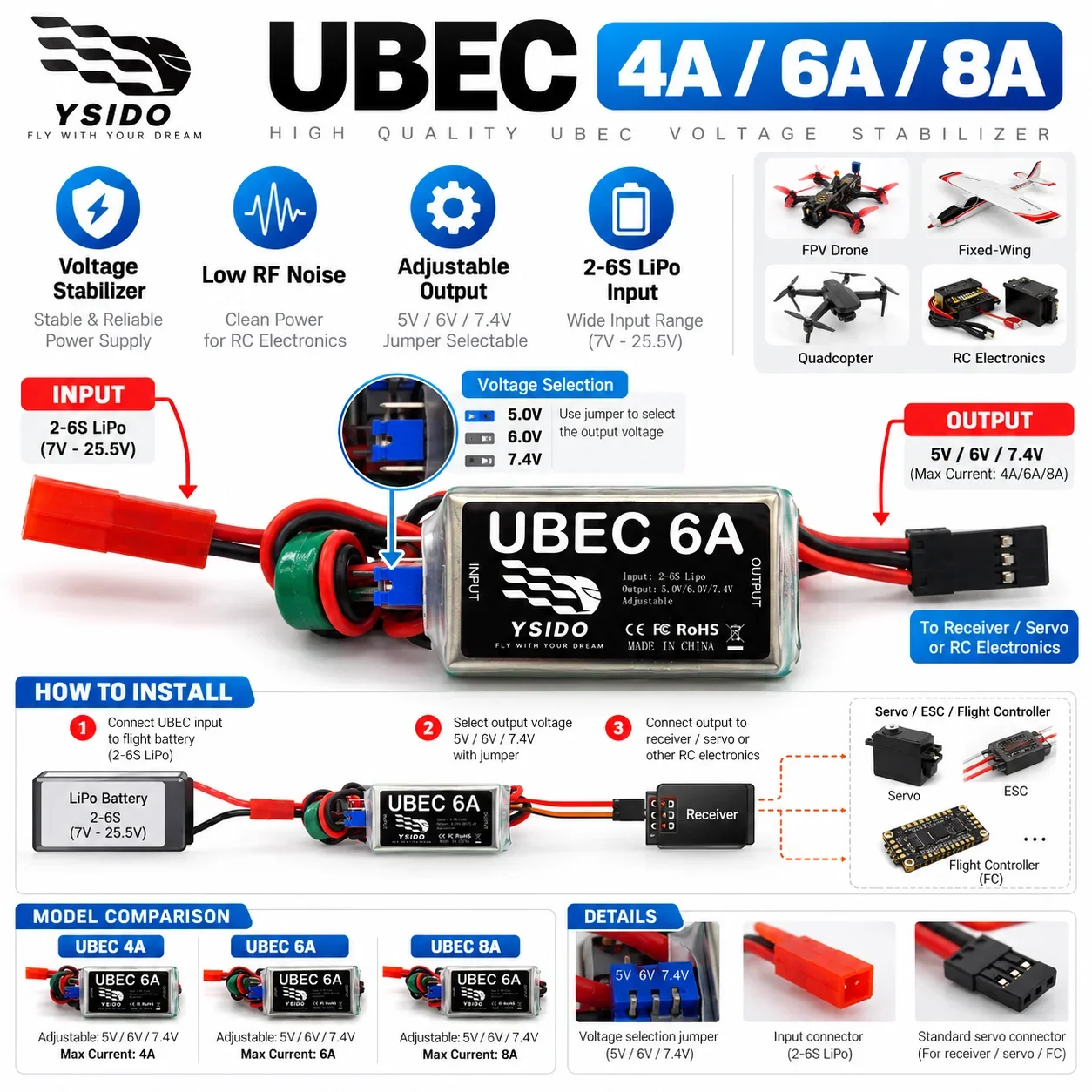 RC Model Parts UBEC 4A 6A 8A BEC Voltage Stabilizer Output 5V 6V 7.4V 2-6S Lipo for RC FPV Drone Fix-Wing Airplane Quadcopter