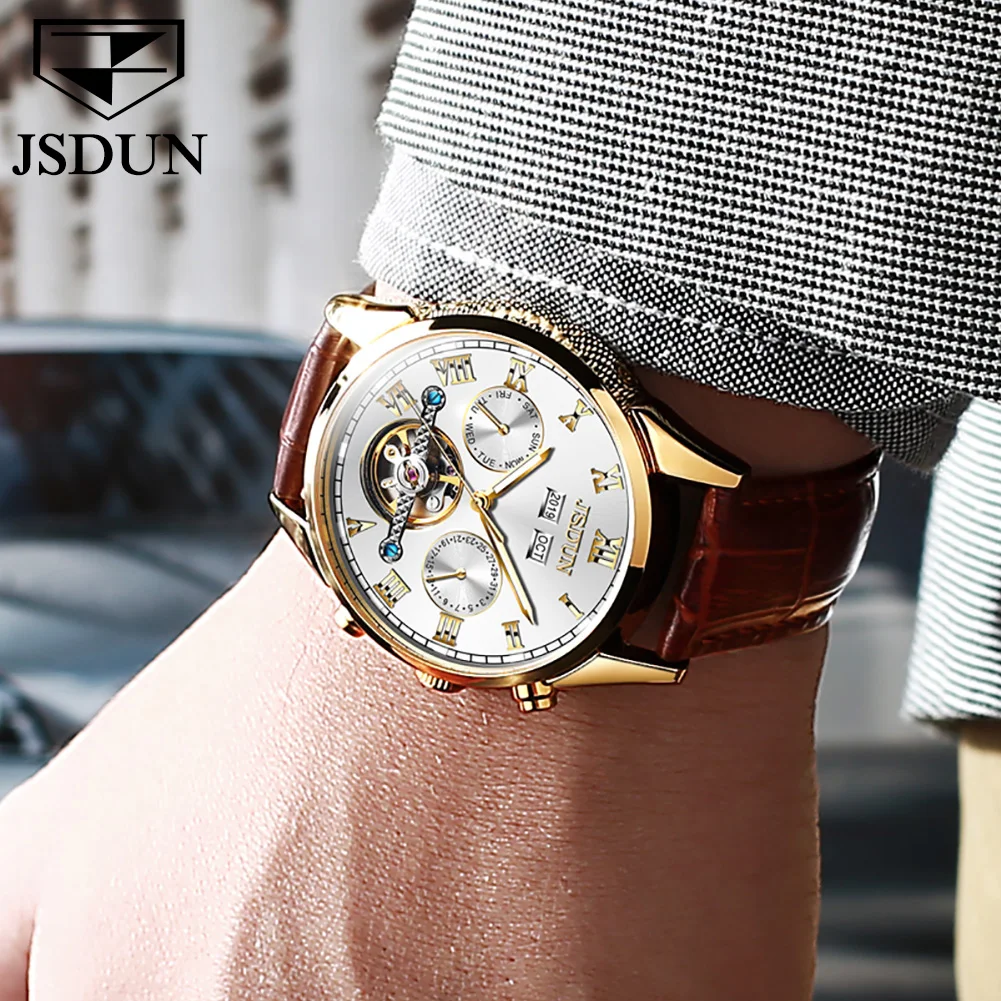 JSDUN Top Brand Automatic Mechanical Men\'s Watches High Quality Waterproof Wrist Watch Men New Leather Strap Business Men Watch