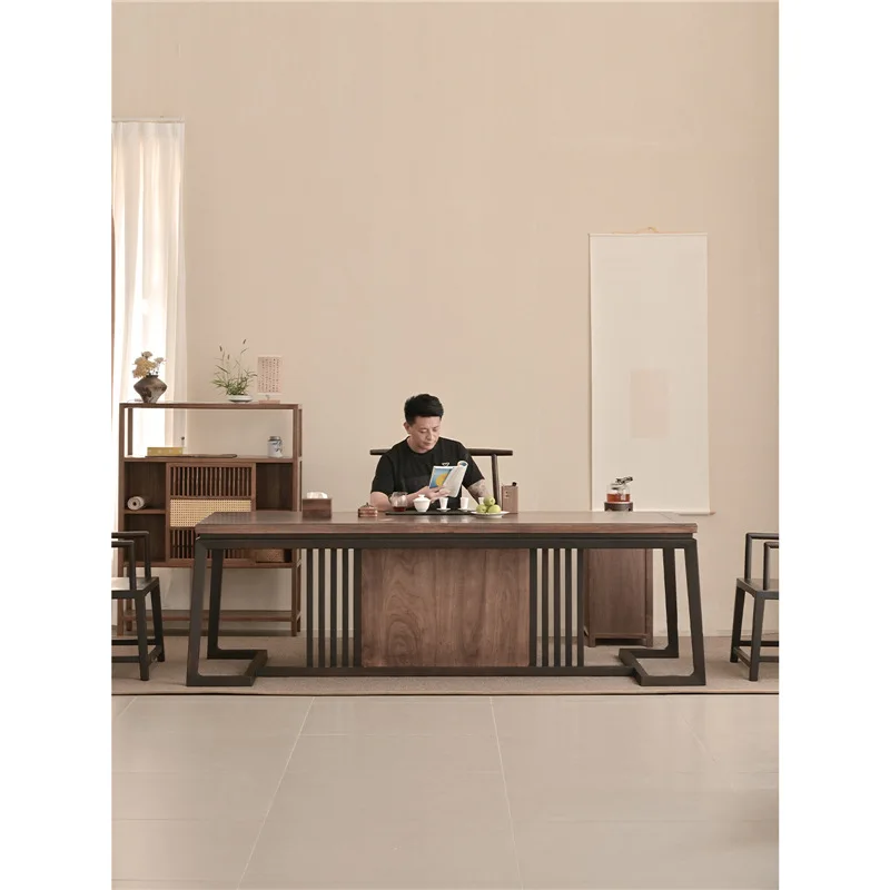 

Solid wood large board tea table New Chinese log tea table Whole board Kung Fu Zen office Home tea table and chair combination