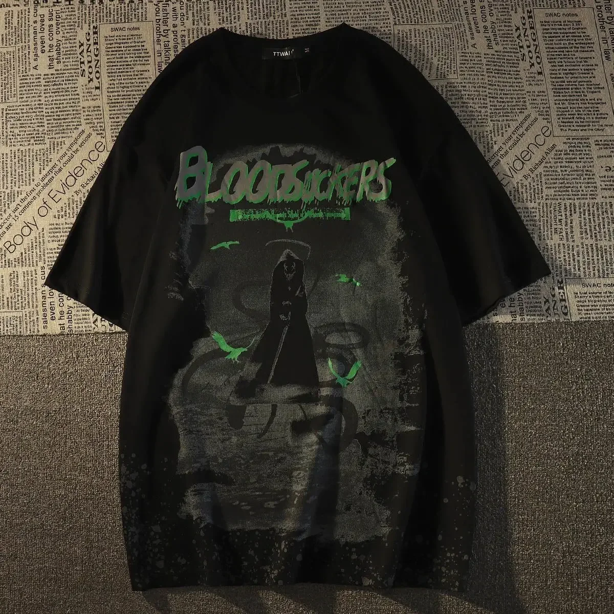 American Cotton High Street Dark Death Short Sleeve T-shirt for MenSummer Loose Versatile Hip Hop Couple Half Sleeve Topins