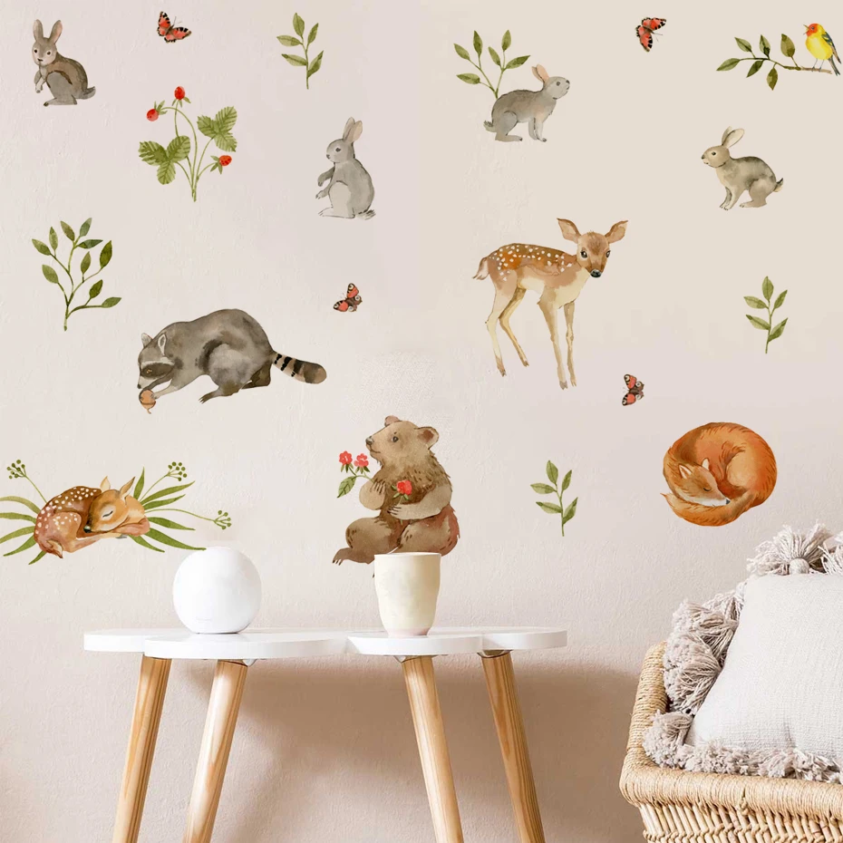 الكرتون الغابات الحيوانات الغزلان الثعلب الأرنب يترك المائية ملصقات الحائط للأطفال غرفة الطفل غرفة الحضانة جدار الشارات ديكور المنزل