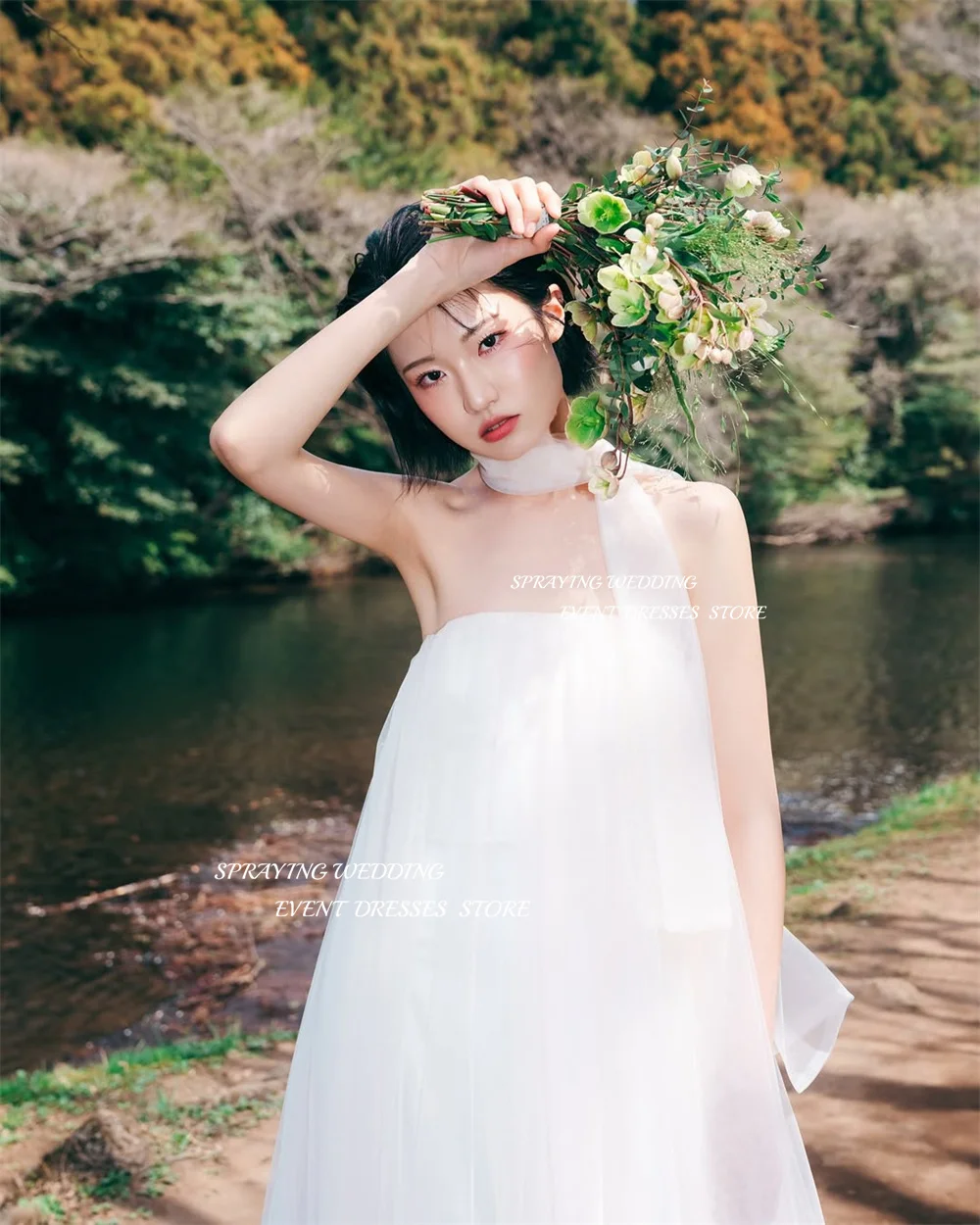 SPRAYING Ivory Tulle Wedding Dress Korea Photo Shoot Strapless Sleeveless Bridal Gowns A line Long Corset Customized 웨딩드레스