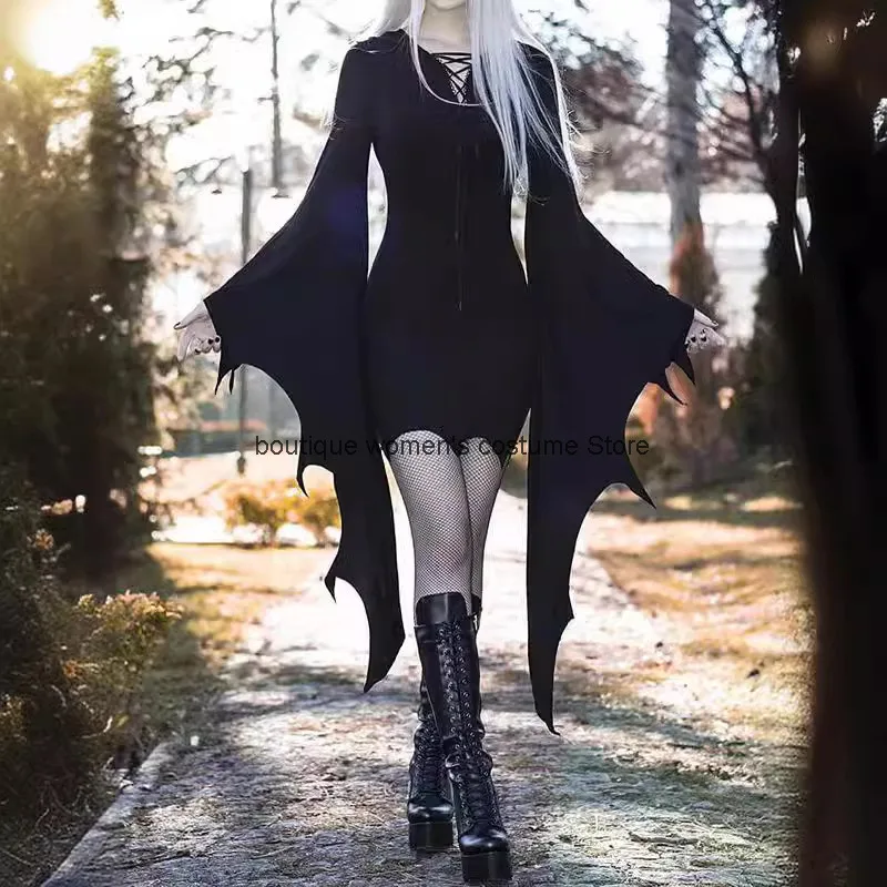 Vestido de Halloween y Navidad para mujer, de color negro liso, con mangas con forma de alas de murciélago, con cordones, de corte irregular, para fiestas góticas, disfraz de lujo.