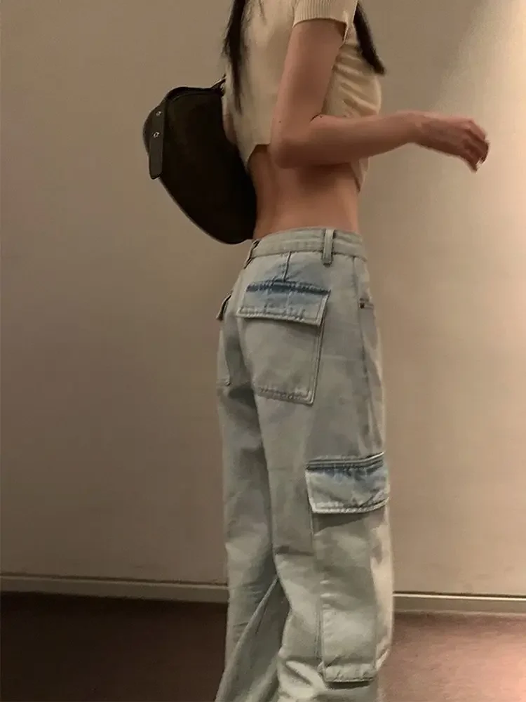 Frauen hellblaue Jeans mit Cargo-Tasche hoch taillierte lässige Cargo-Jeans hose @ Harajuku Streetwear Y2k Stoff plus Größe Hose