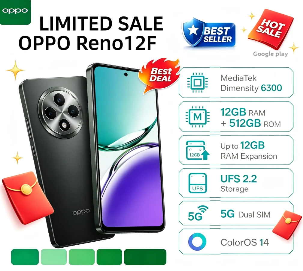 2026 Viral OPPO Reno12F Unlocked Android Mobile Phone 12GB 512GB Oversized Storage Tuned Memory Performance Reliable Global