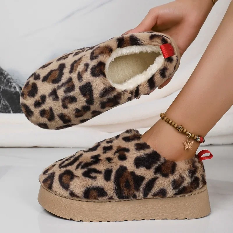 Fashion Design Leopard Fur Ankle Snow Boots Women\'s Warm Cotton Shoes Winter Short Plush Boots 2024 New Comfortable Femme Botas