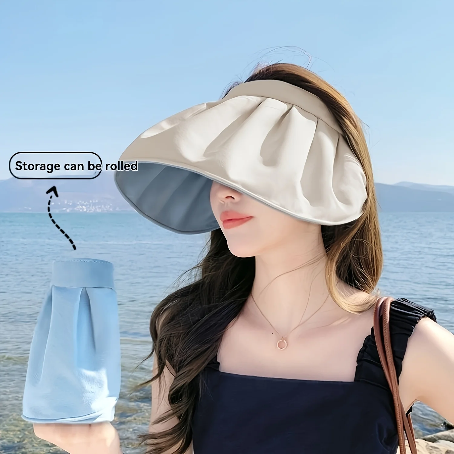 Damen-Sommer-Sonnenhut – faltbarer Sonnenhut mit breiter Krempe und offenem Oberteil, universeller Stirnbandhut, Strandhut, Damen-Accessoire, geeignet – Detail 3