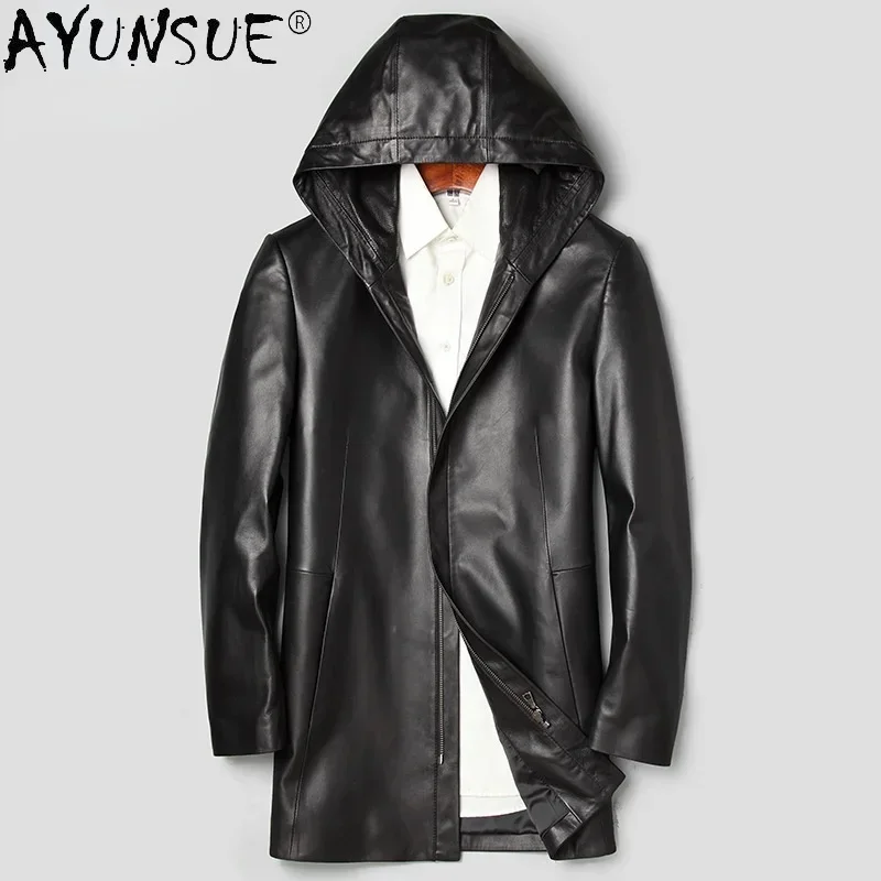 AYUNSUE 2024 Autumn Genuine Sheepskin Men's Leather Jacket Hooded Black Thin Jackets Male Korean Clothes Jaquetas Gmm29