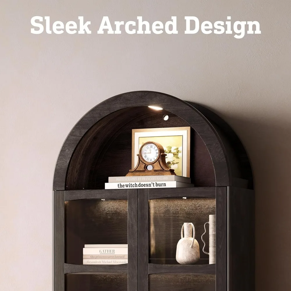 خزانة كتب مقوسة طويلة حديثة مكونة من 4 طبقات مع أبواب زجاجية وأضواء LED وأرفف خشبية متينة للتخزين الأنيق #4