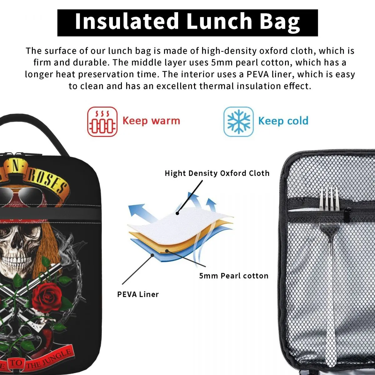 Axl Guns N Roses Rock Band Insulated Lunch Tote Bag Guns N Roses Rock Band Storage Food Box Cooler Thermal Lunch Box Picnic