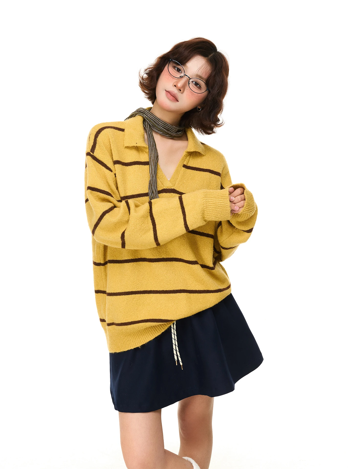 

Loose Fit Knitted Ne Sweater for Women by Chen Sti Old Store Autumn Winter Stripe Pattern Casual Outerwear Top