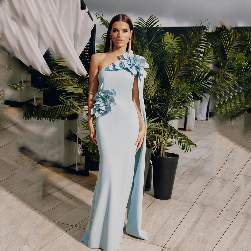 DRESS FORU Sky Blue Klassische Abendkleider Jersey für bodenlangen One-Shoulder-Abschlussballkleid Blume Vestidos De Fiesta Maßgeschneidert